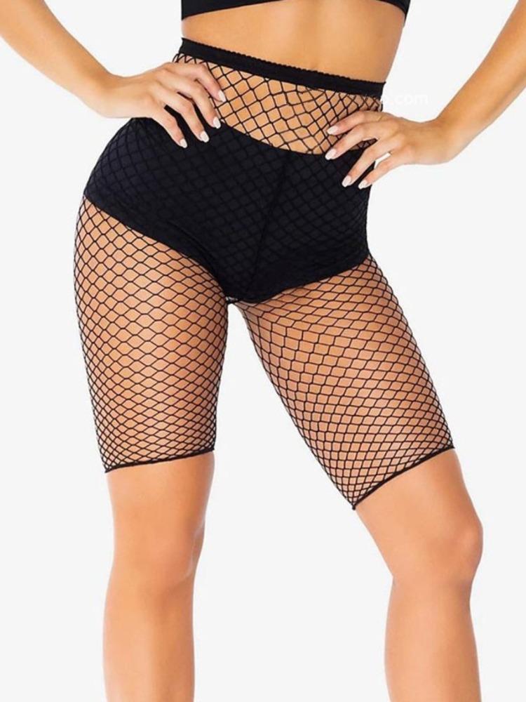 Women Sexy Fishnet Knee-length Tights Unisex Nylon Black Bottomed Short Pantyhose Club Mesh Hollow Out See Through Shorts Tights
