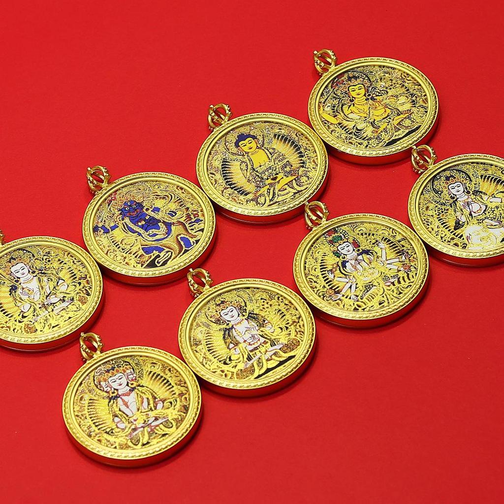 Tibetan Zodiac Eight Protectors Thangka Gold-Inlaid Square Pendant Necklace