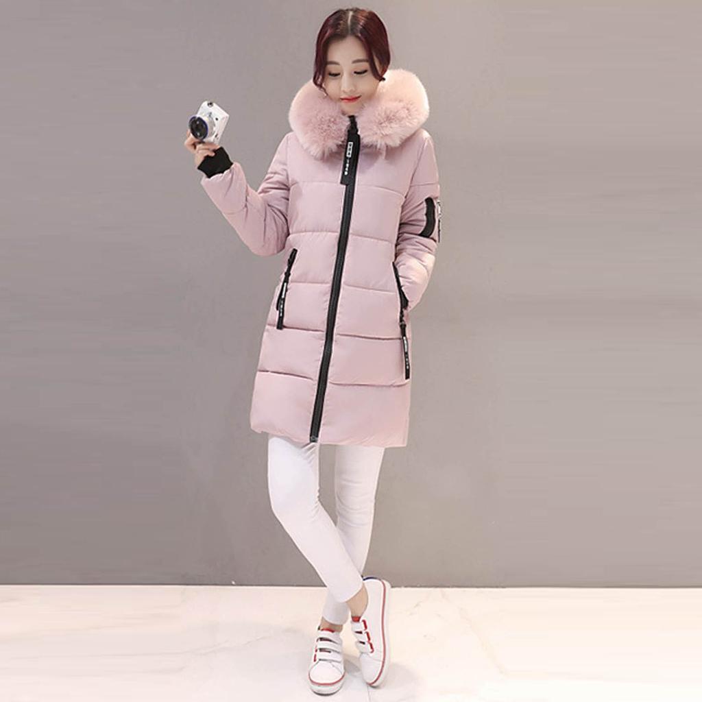 Women's Fashion Big Hair Collar Slim Waist Long Down Cotton Jacket Cotton Coat