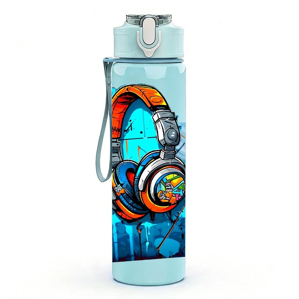 1PC Headphone Blue Tech Graffiti Style Art 750ml Color Plastic Sports Water Bottle Leakproof Flip Straw Lid Suitable for Sports Office Home Use