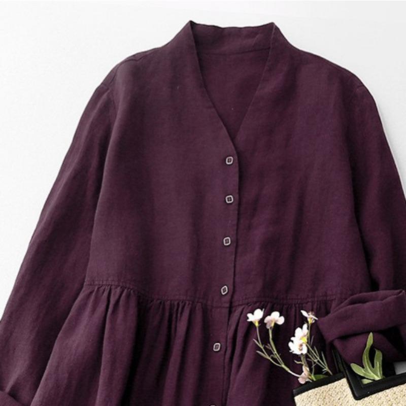 Spring and Autumn Women's Cotton and Linen V-neck Open Door Placket Two-wear Long-sleeved Slimming Dress