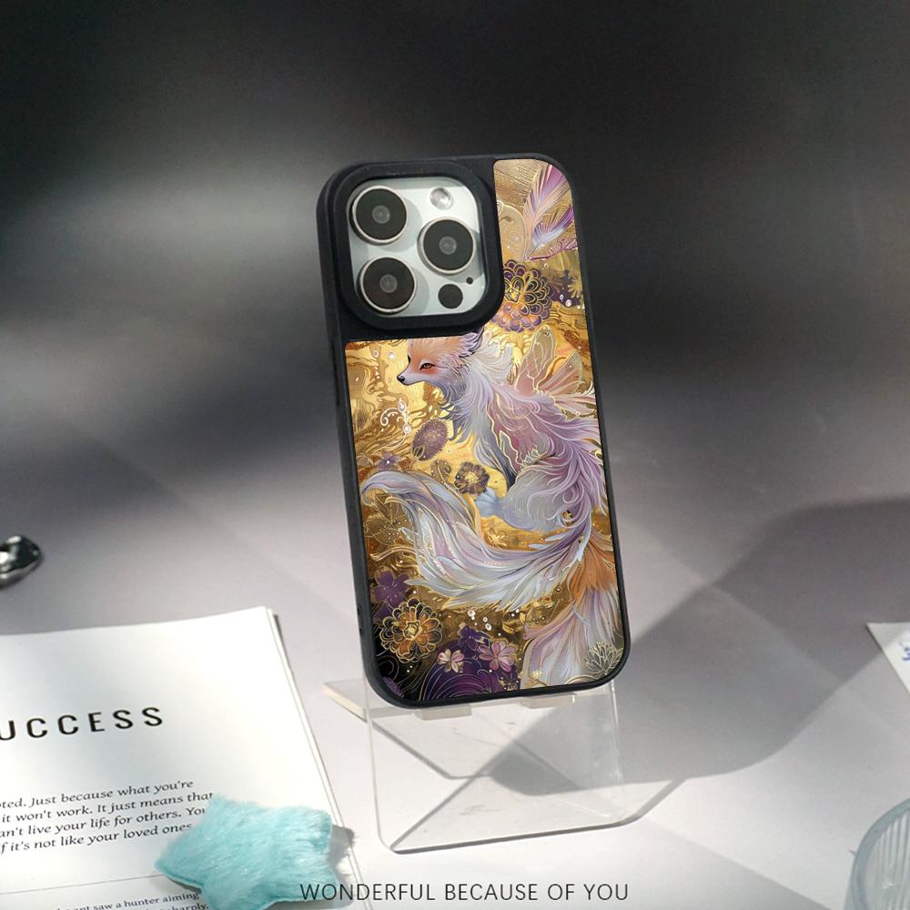 Nine-tailed fox art fashion design Phone Case for iPhone 17 16 e 15 14 13 12 Pro Max Sheepskin Silver-edged protective case