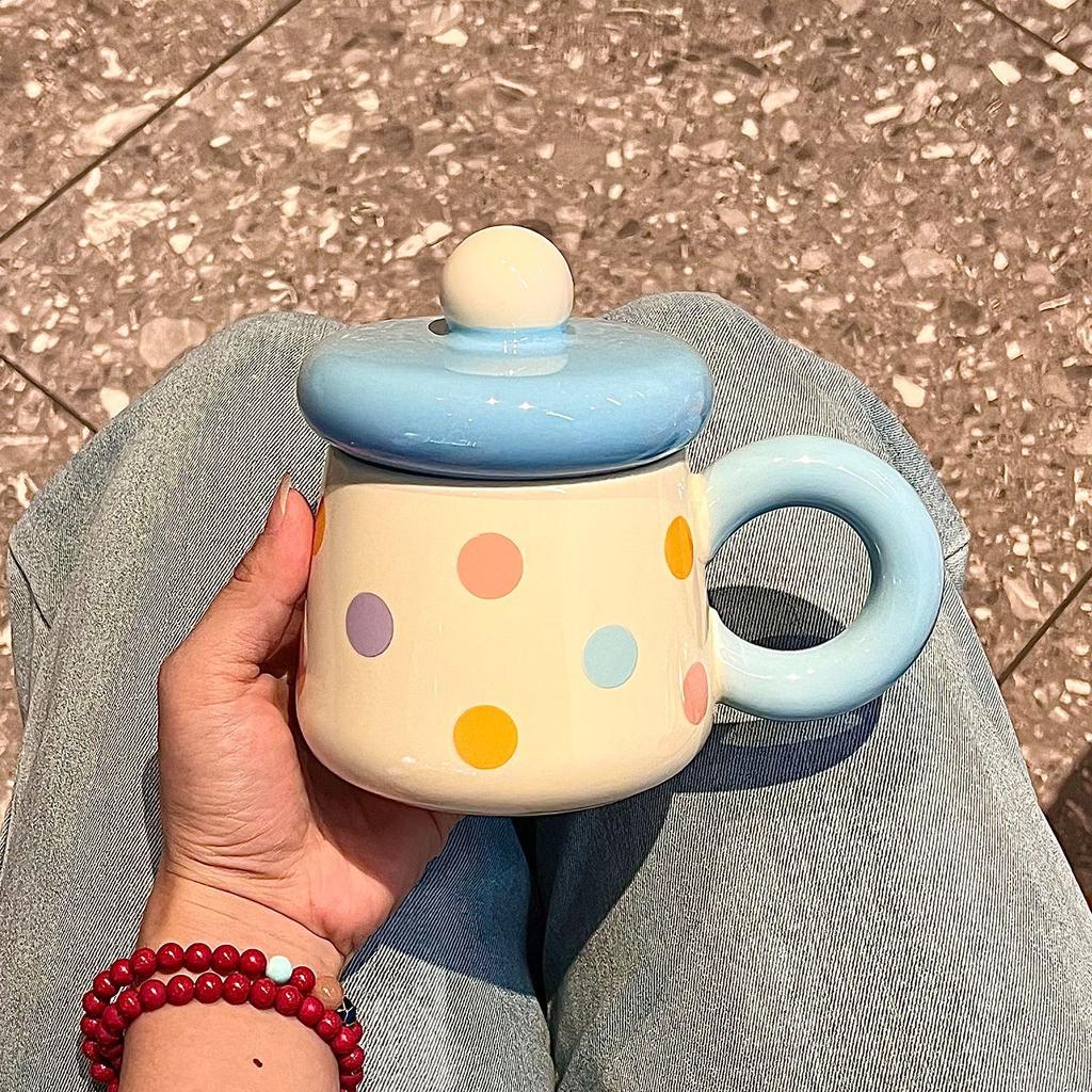 Chubby mug with lid spoon ceramic mug large capacity water cup couple home coffee breakfast cup souvenir