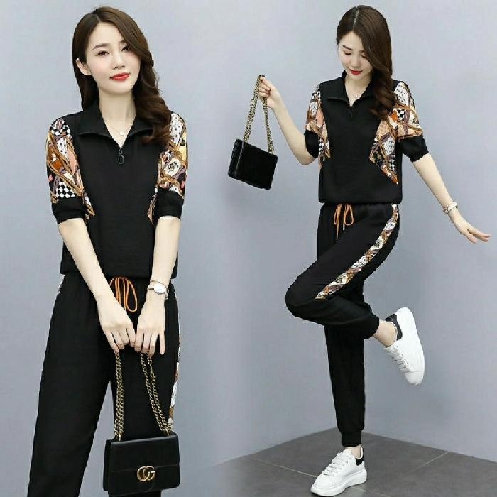 

Fashionable Suit Pants for Women Summer Women s Fashionable Sports Casual Two-piece Set Leggings Suit 4XL чорний