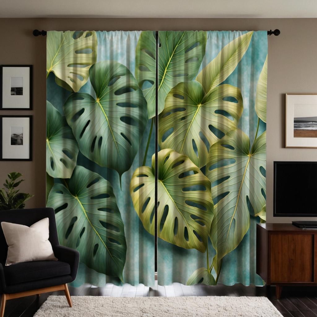 2pcs Set HD Southeast Asia Banana Leaf Decorative Curtain Green Tie Digital Printed Curtain Home Decoration Style Decorated L