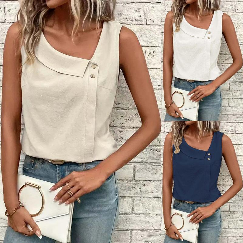 2026 New Women's Casual Slant Collar Sleeveless Regular Pullover Multicolor Women's Tops T-Shirt