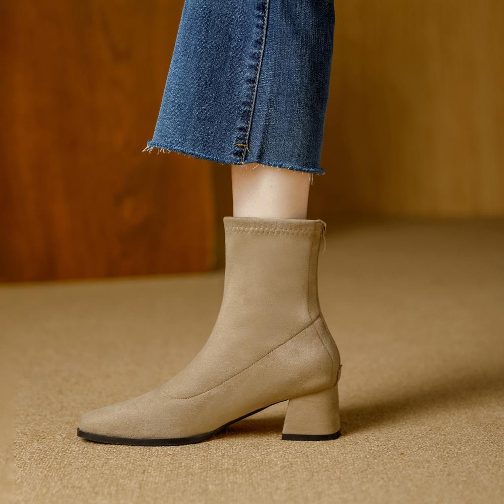 High Quality Faux Suede Ankle Boots Women Fashion Square Toe Sewing Back Zipper Designer Boots Comfortable Wedges Fashion Boots