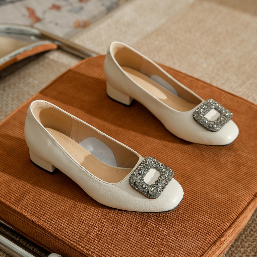 Leather square head thick heel low heel single shoes women are not tired of standing for a long time professional commuter work shoes rhinestone