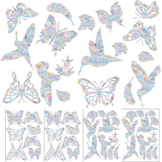 4 Sheets Anti Collision Window Clings, Rainbow Reflection Window Sticker to Prevent Bird Strikes Bird Alert Static Decals Window Strike Prevention hummingbird 2, butterfly