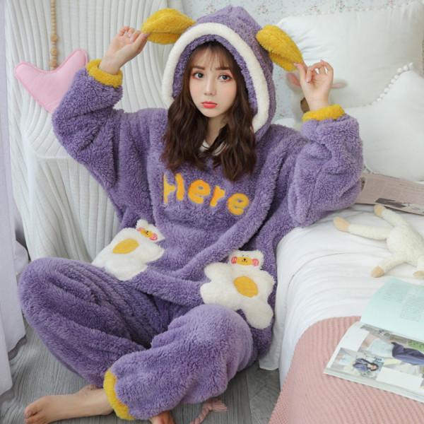 Damen Langhaariger Flanell-Pyjama mit Kapuze - Dicker, warmer Korallenfleece-Anzug für Herbst/Winter