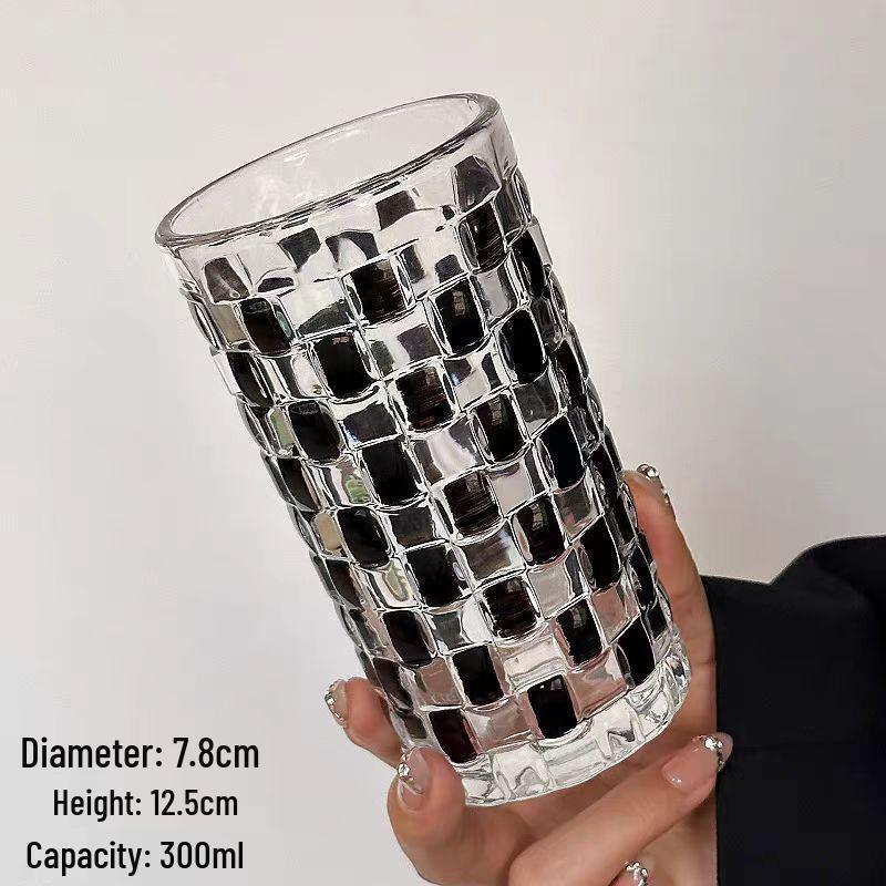 Hand-Painted Black & White Plaid Glass Cup for Beverages