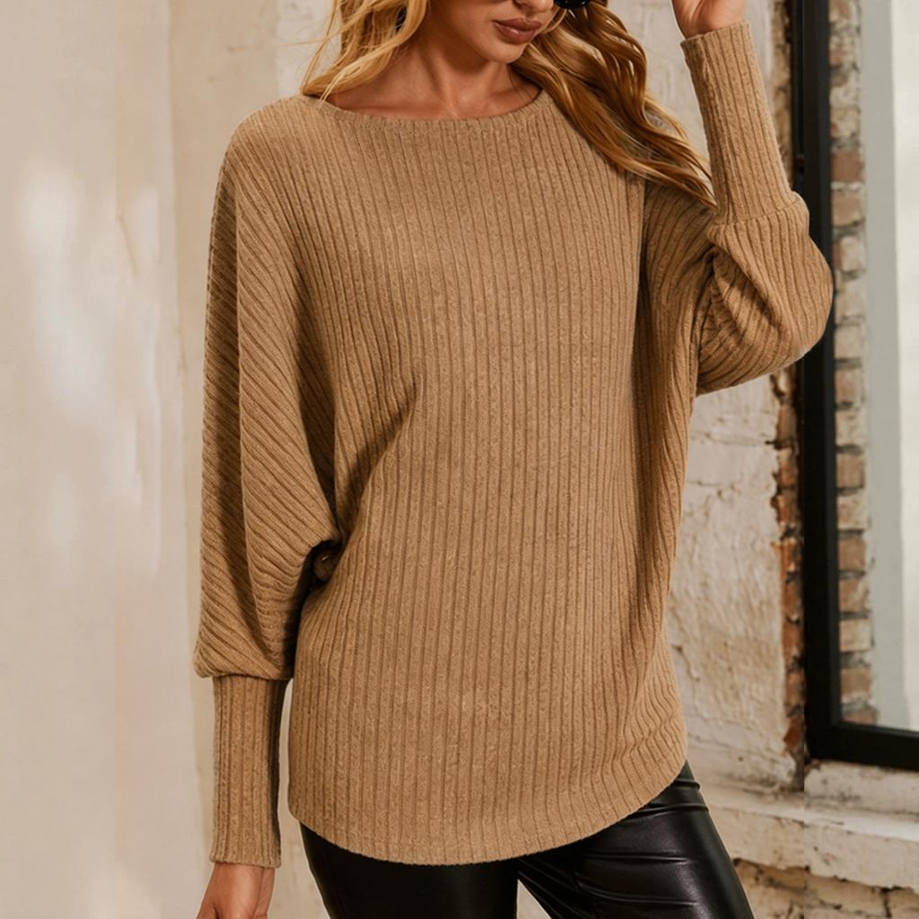 Women's Color Round Neck Long Sleeve Pullover Knit Sweater Casual Loose Fit