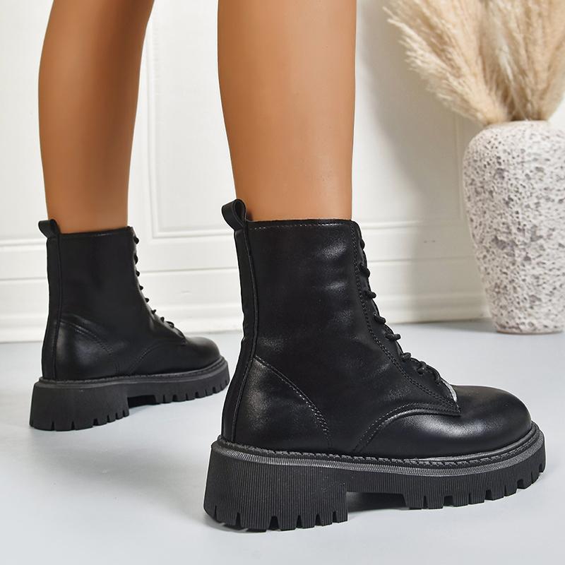 Women's Fashion Black Platform Ankle Boots Round Toe Lace Up Non Slip Combat Boots Woman Autumn Winter PU Leather Botines Mujer