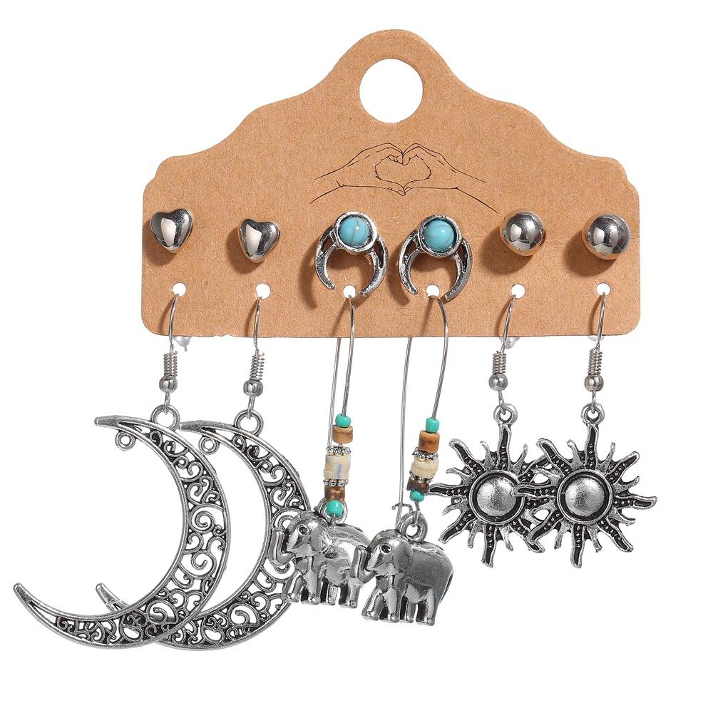 Bohemian Vintage Tibetan Silver Color Earring Sets For Women Ethnic Geometric Heart Shape Leaf Shell Drop Earrings Jewelry Gifts