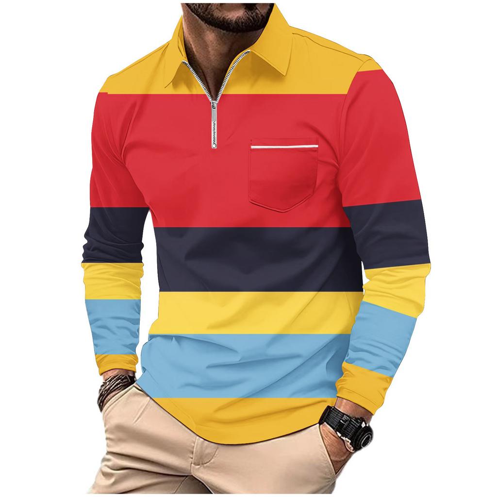 Fashion Polo Shirt Men's Printed Long Sleeve Zip Pocket Sports Polo Shirt Men's Striped Sweatshirt
