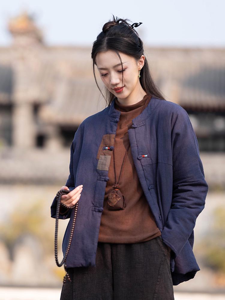 Women's Retro Patchwork Quilted Cotton Jacket with Cross-Lapel and Frog Button