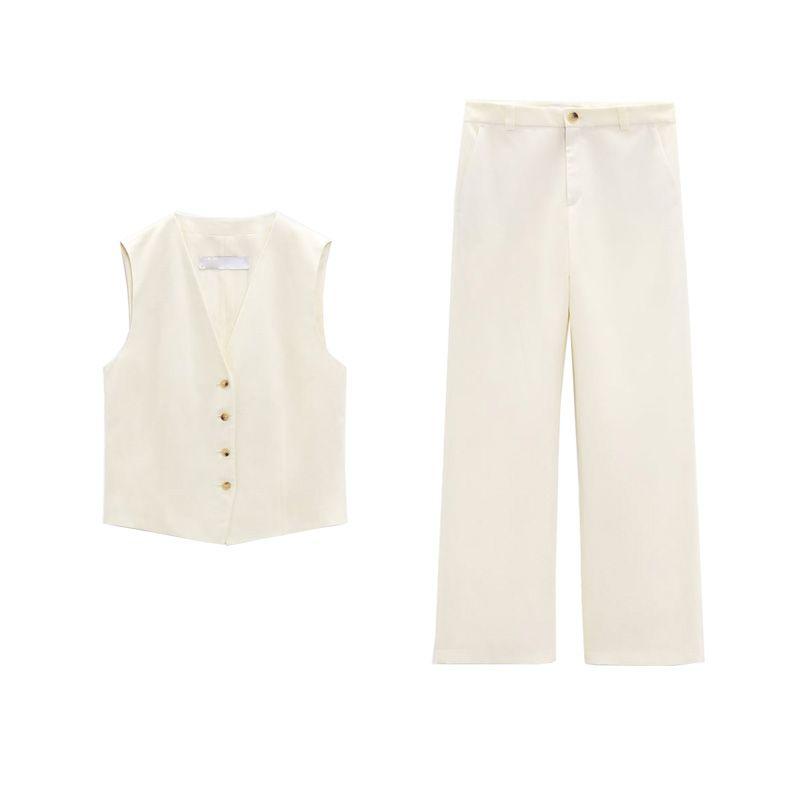 Spring New Two-Piece Suit Linen Vest 8008967 Linen Blend High Waist Flared Pants 8043967