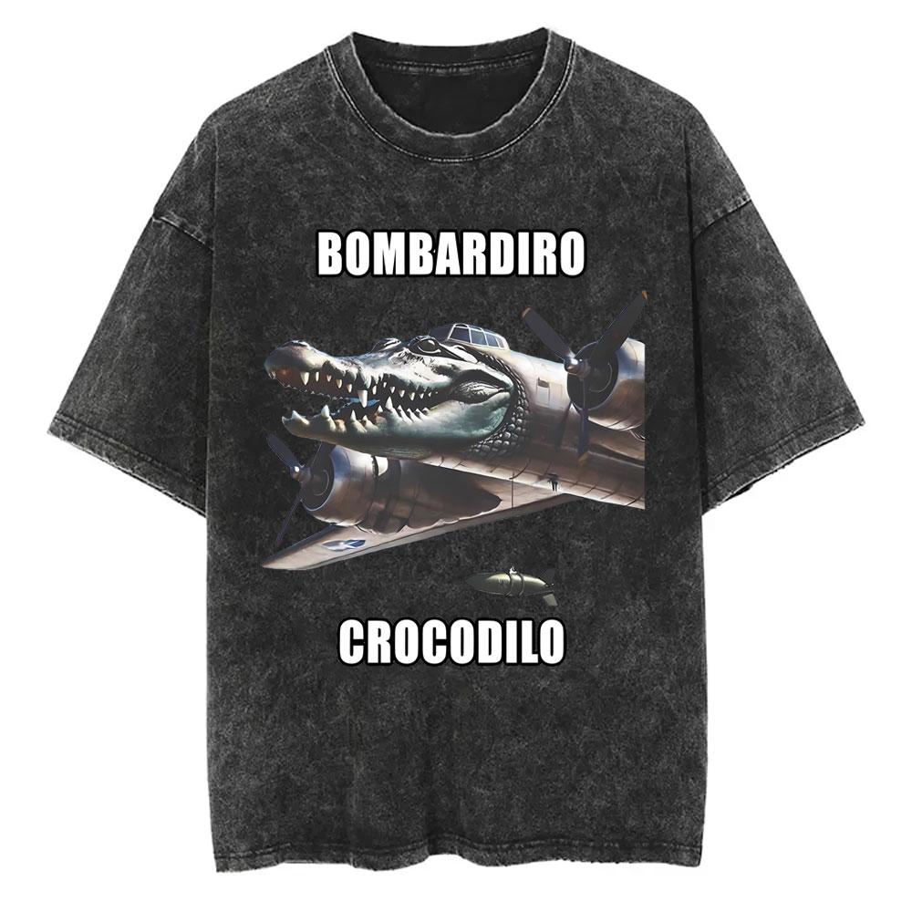 Yk Tshirt Men New In Top Tees Mens TShirt Vintage Washed Bombardiro Crocodilo T Shirt Funny Plane Bomber Crocodile Meme