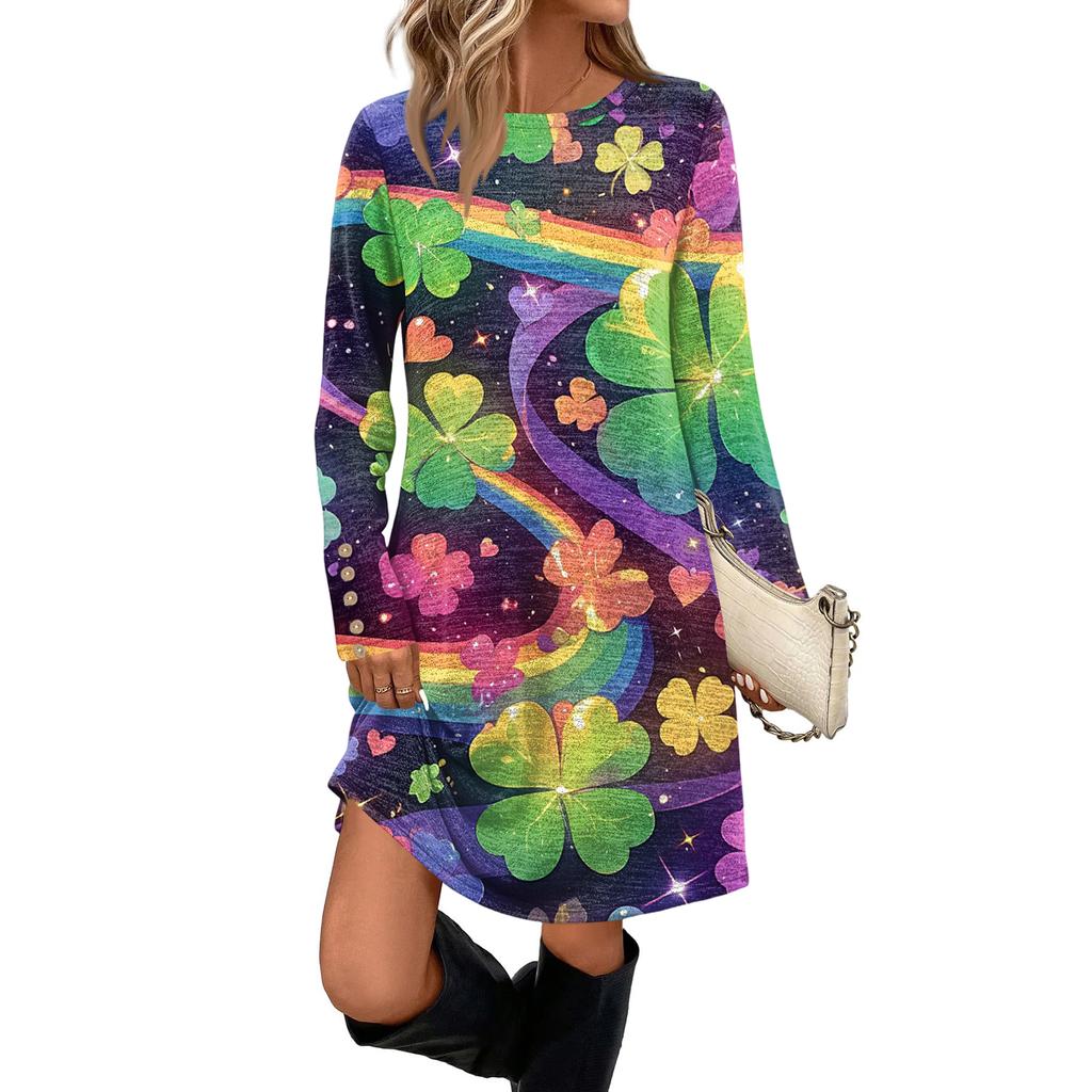 Women's Fashionable Round Neck Long Sleeved St. Patrick's Day Printed Pocket Button Casual Dress