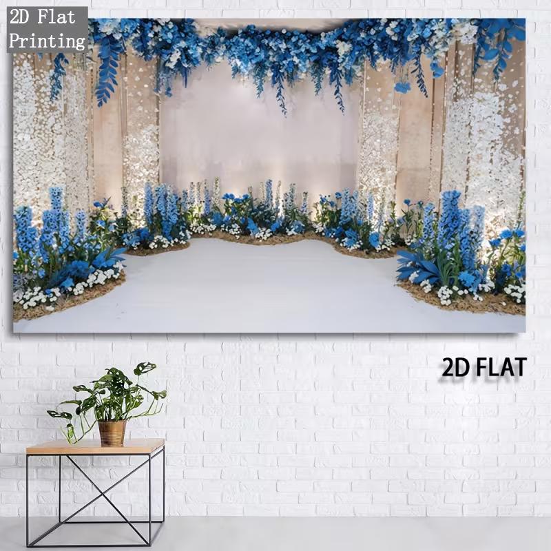 2D Flat Blue & White Floral Wedding Banner Elegant Blue Flower Arch Backdrop for Wedding Photoshoot