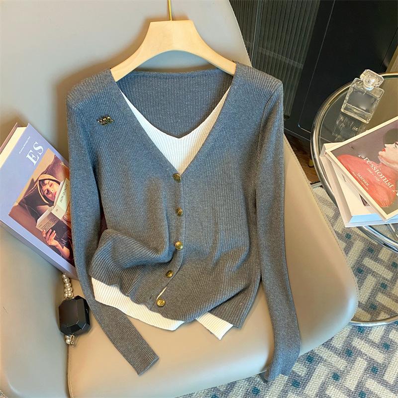 Contrasting Stitching Fake Two-piece Knitted Cardigan for Autumn and Winter Women's Loose and Versatile Slim Long-sleeved Top