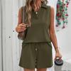 Women Sleeveless Two Piece Set V Neck Top with Collar and Drawstring Waist Shorts Casual Lounge Wear Summer Outfit