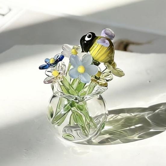 Miniature Glass Flower Figurine Small Hand Blown Faux Crystal Flower Bouquet in Vase