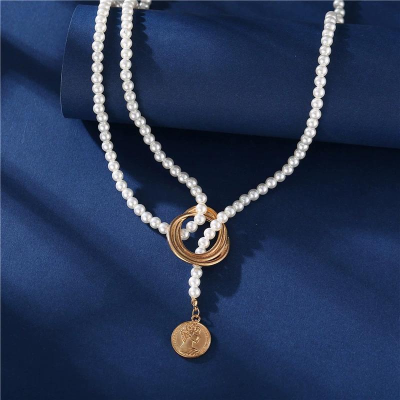 Necklace Women Sweater Chain Geometric Metal Pearl Necklace Women's Collarbone Chain, Sweater Chain