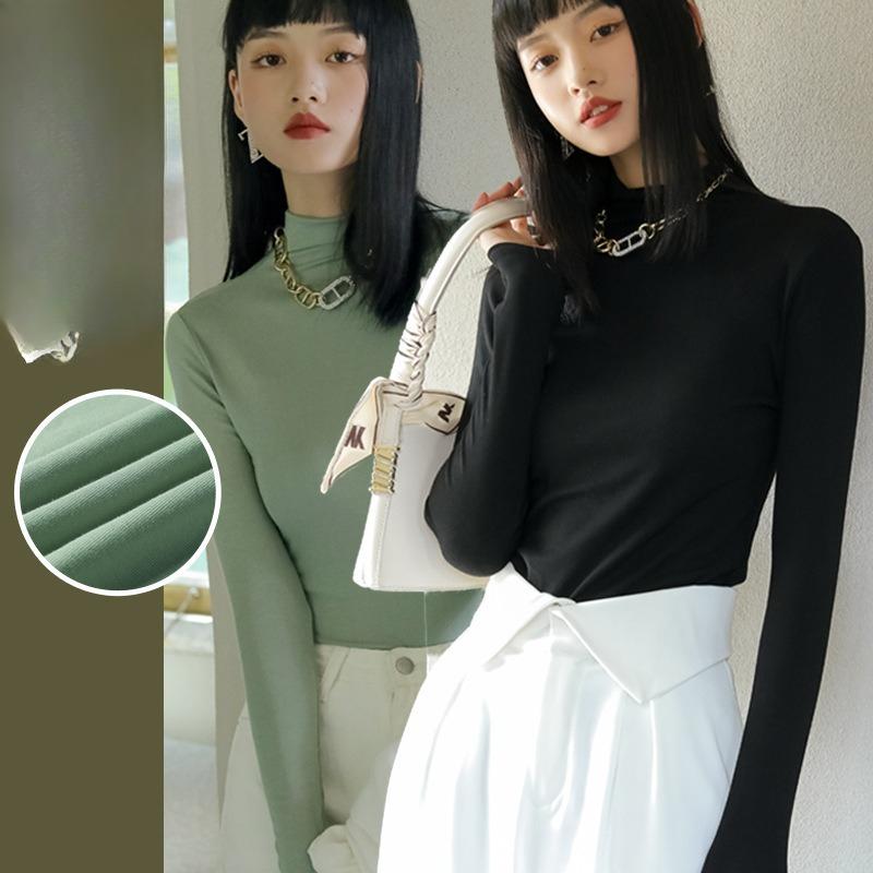 Women's Slim Fit Half-High Neck Medium Neck Long Sleeve Base Layer Top Tight Solid Color Inner Wear T-Shirt for Spring Autumn and Winter