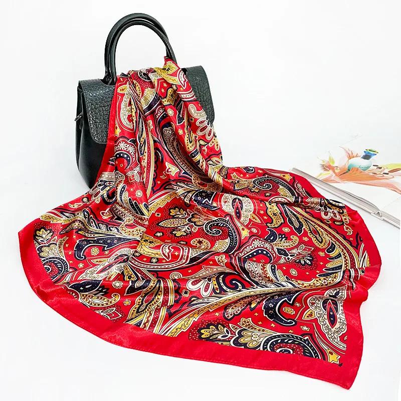 Luxury Silk Scarf for Women Paisley Satin Hijab Scarves Muslim Pareo Bandana Female Shawl Wrap Headband Foulard Beach Pareo