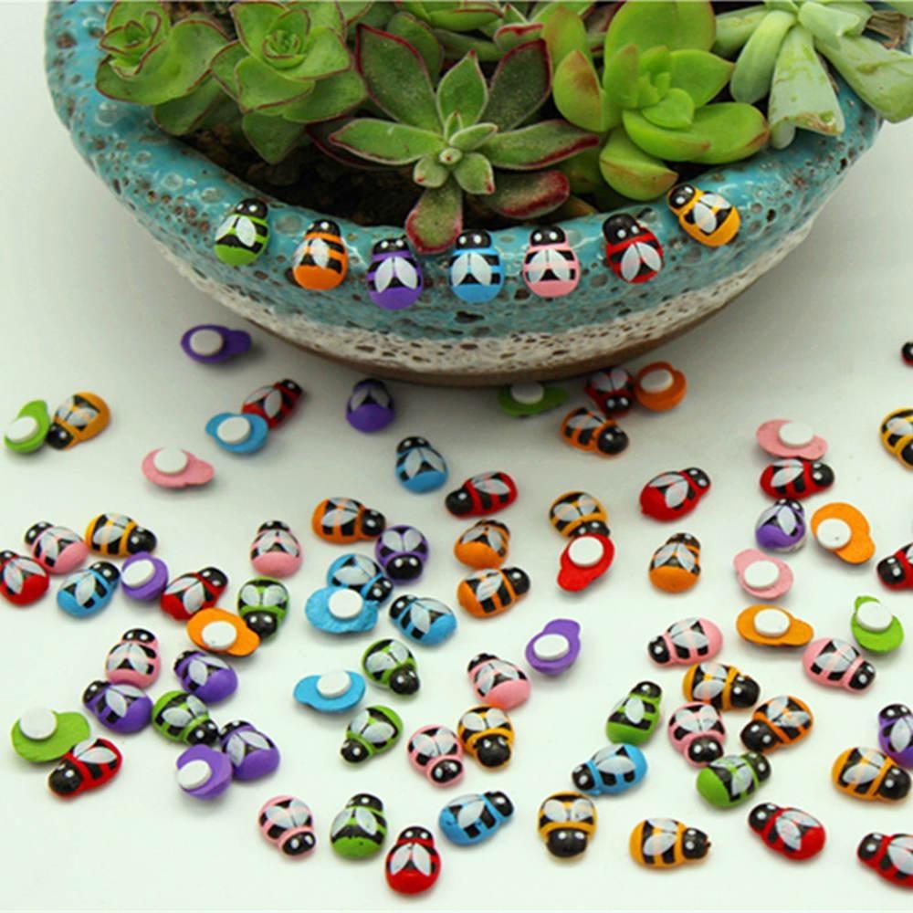 400/200/100PCS Micro Landscape Decoration Wooden Bee Ladybug Figurine Self-Adhesive Stickers Home Garden Beetle Miniature Bonsai Flower Decor