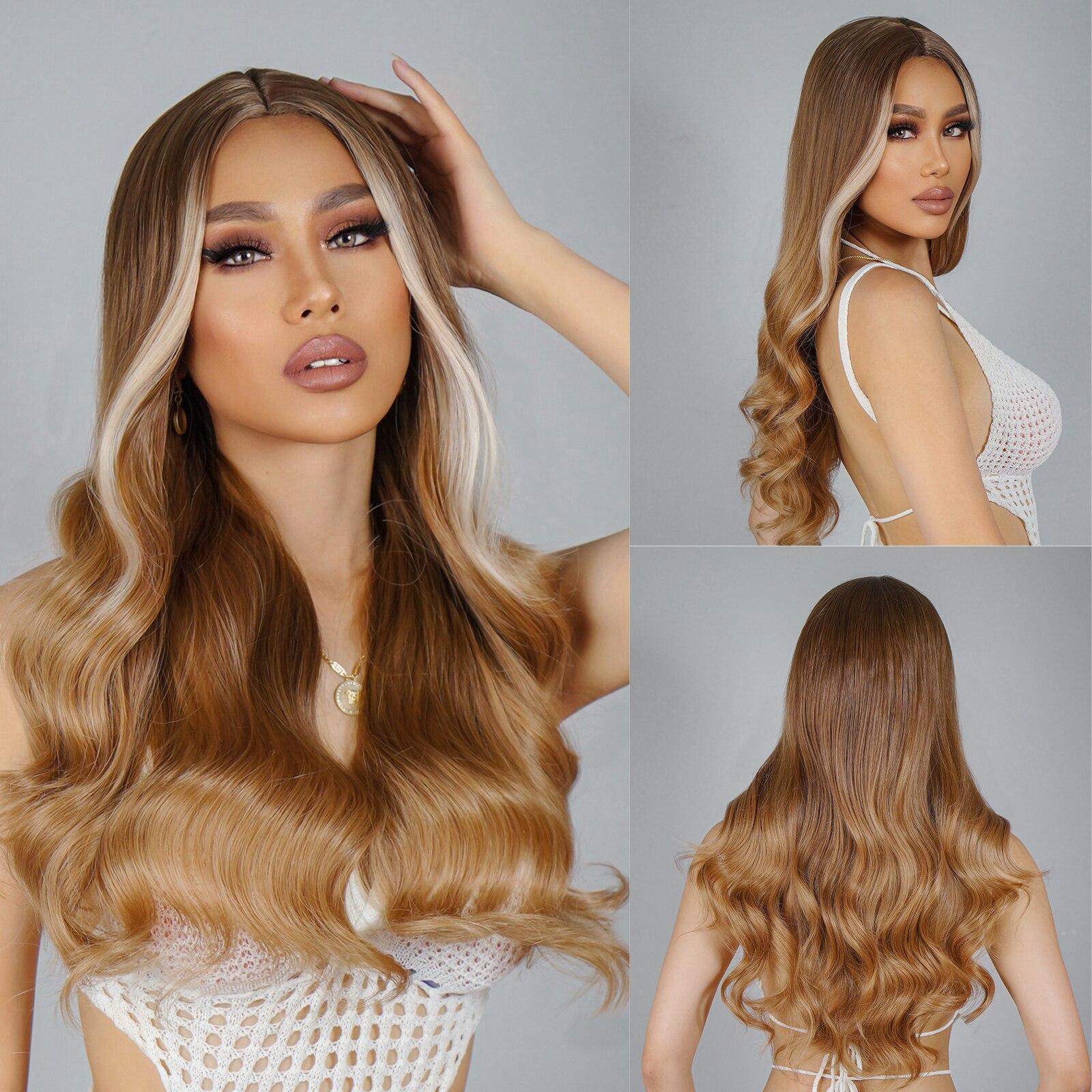 

HAIRCUBE Середня частина Коричневі з світлим відблиском Синтетичні перуки для жінок Довге хвилясте волосся природного вигляду Щоденне косплей Накладне волосся