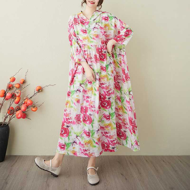 Ladies' Retro Gentle Wind and Cloud Brocade Cotton and Hemp Hooded Dress