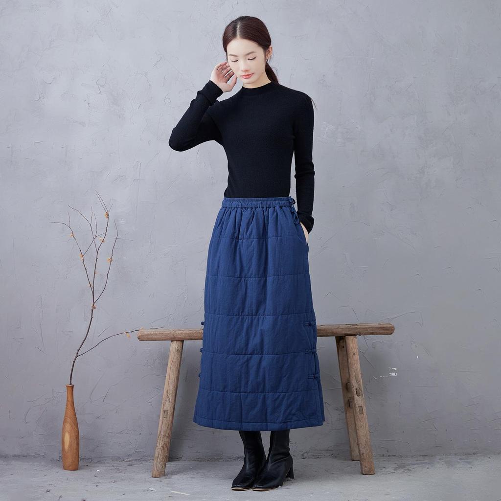 Autumn/Winter Navy Blue Quilted Cotton Midi Skirt - Plus Size, Slimming, Versatile, Chinese-Inspired, Intellectual Style