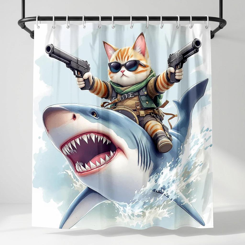 

Funny Cool Cat Riding Shark Shower Curtain - Creative Action Movie Animal Art Indoor Home Bathroom Decor Aesthetic Bath Curtain W60H190(CM)-1 Pcs
