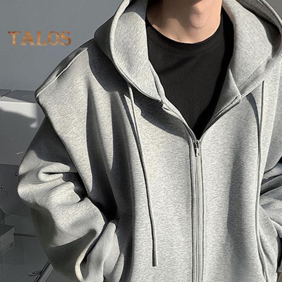 Men Sweatshirt Hooded Drawstring Long Sleeve Zipper Placket Sport Coat with Pockets Solid Color Loose Fit Casual Outwear
