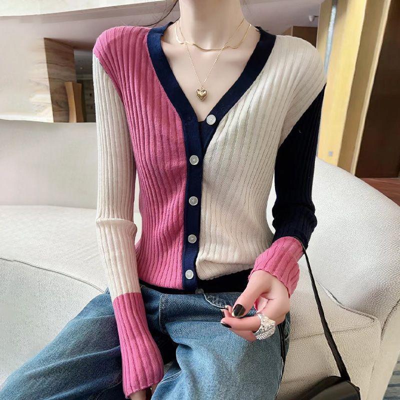 Chic Color Block V-Neck Knitted Cardigan for Women - Slim Fit, Age-Reducing, Rib Knit, Single-Breasted Top for Spring and Autumn