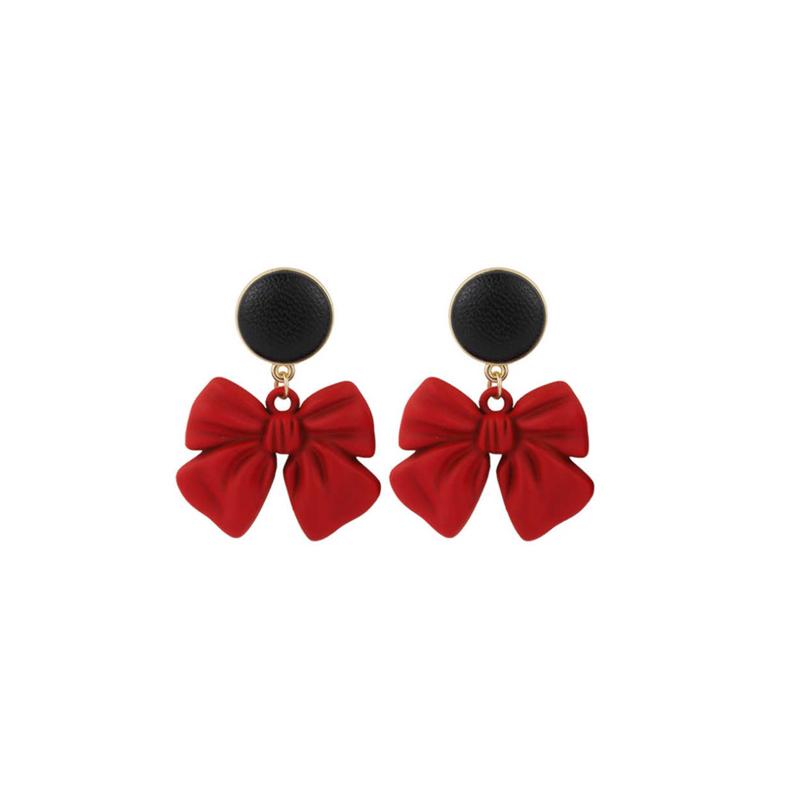 Black Round Red Bowknot Pendant Earrings for Women Girl Korean Love Aesthetic Daily Life Minimalist Jewelry
