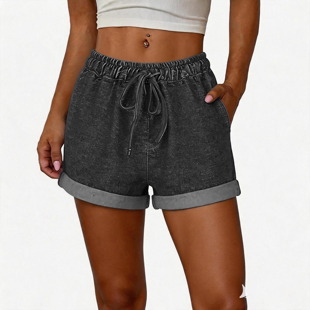 Women Casual Loose Fit Denim Shorts with Elastic Waistband Adjustable Drawstring and Rolled Hem for Daily Wear