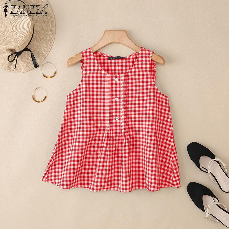 ZANZEA Women Summer Round Neck Casual Sleeveless Plaid Tank Tops
