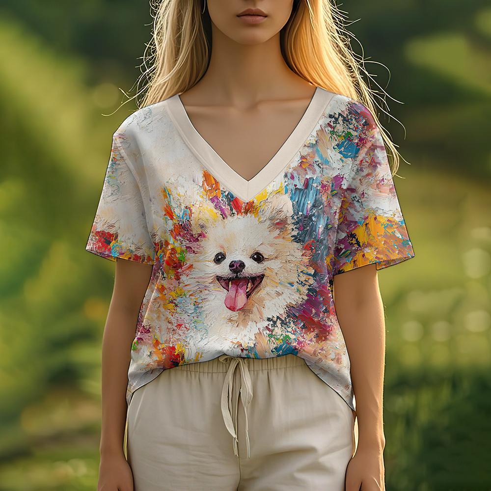 Summer Women's T-Shirt Oil Painting Puppy Print Casual Short-Sleeved 3d T-Shirt Fashion Street Wear V-Neck Pullover Oversized Wo