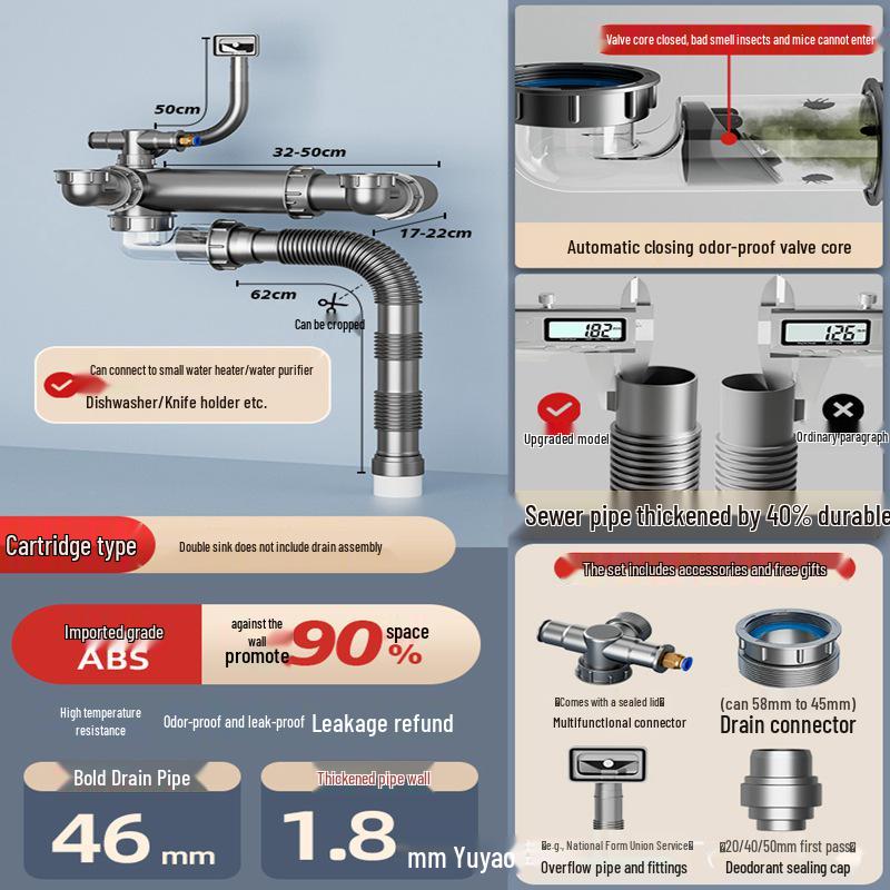Anti-Clogging & Odor-Resistant Kitchen Sink Drain Pipe for Vegetable Washing Basin (Single/Double Bowl)