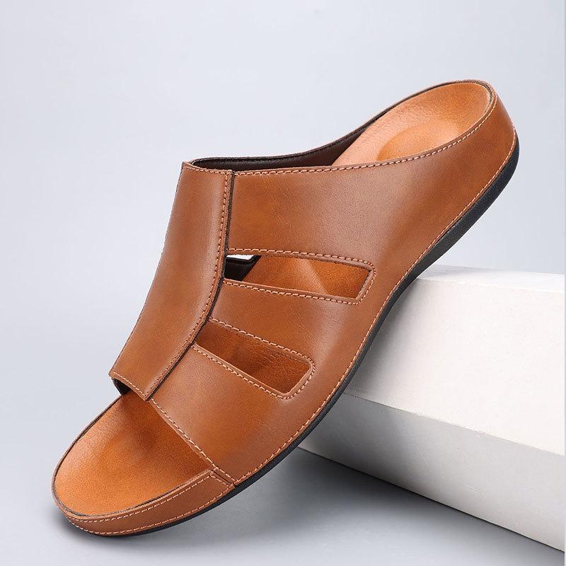 Slippers for Men Luxury Handmade Leather Slippers 2025 Summer New Peep Toe Slippers for Men Casual Beach Slipper Chanclas Hombre