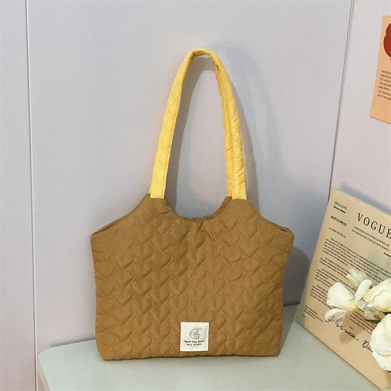 

Simple Quilted Love Women s Shoulder Bag Sweet Casual Girls Book Tote Bags Solid Color Large Capacity Female Handbags Purse коричневый