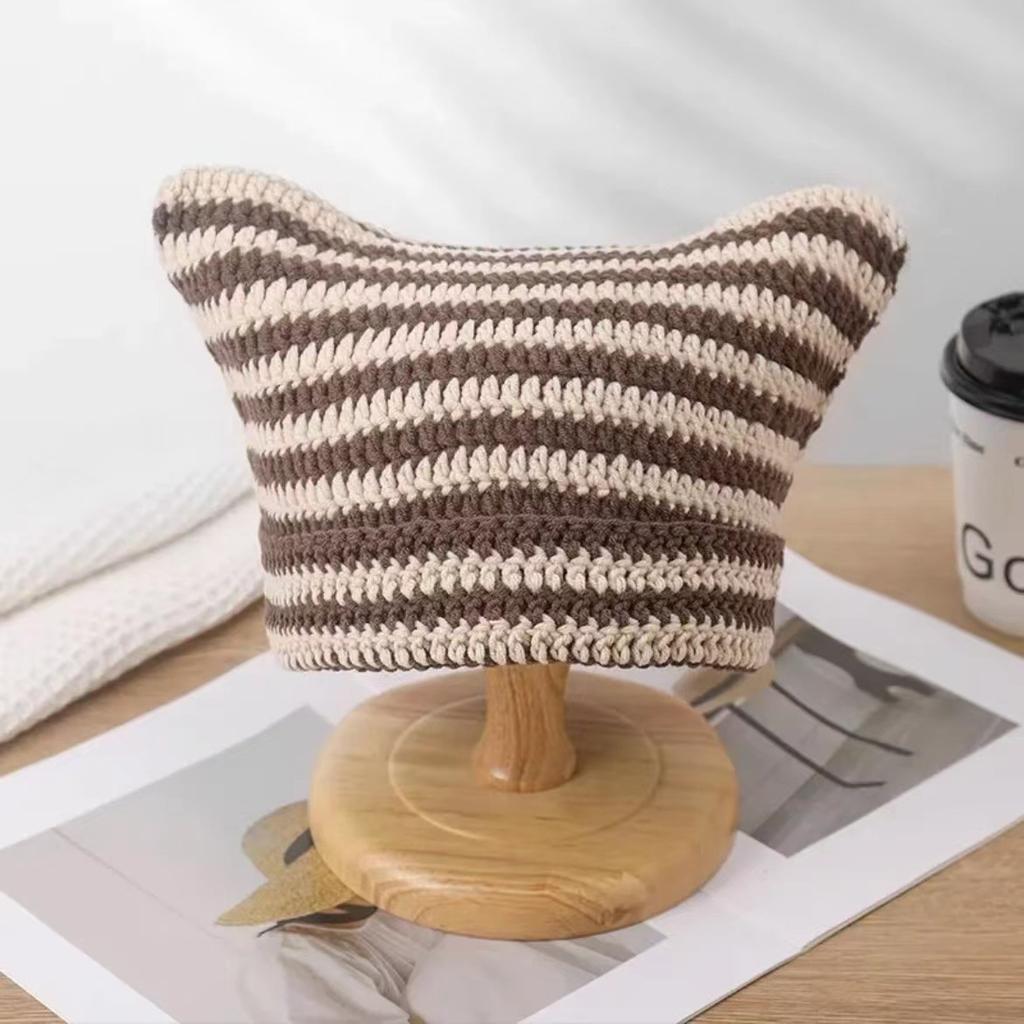 American-style cute cat-ear striped handmade knitted wool hat for women, new autumn and winter playful little devil headwrap hat