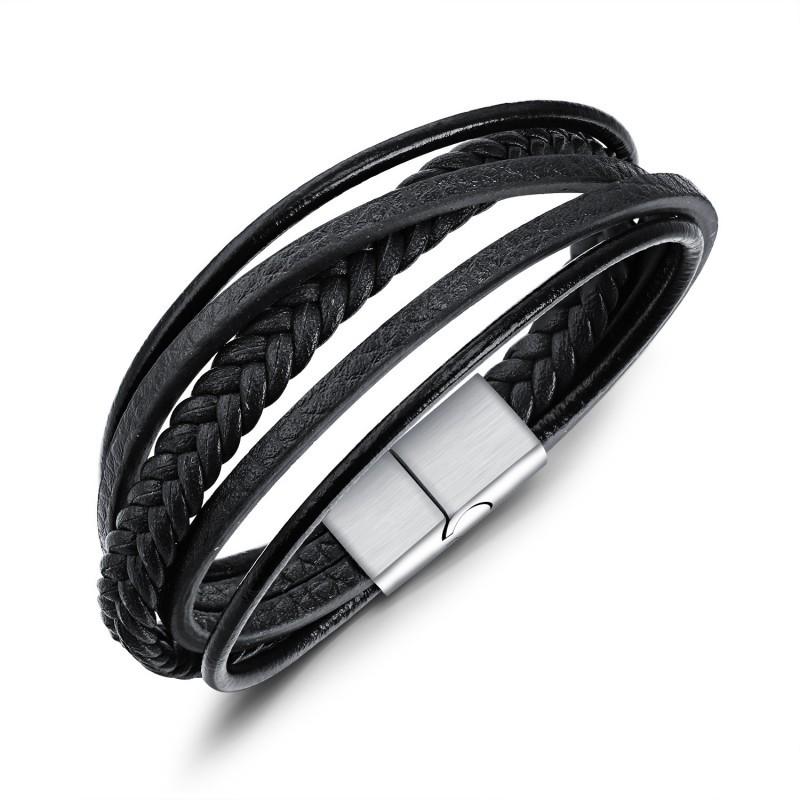 Trendy Leather Bracelet Men Stainless Steel Personalized Simple Multi-layer Woven Titanium