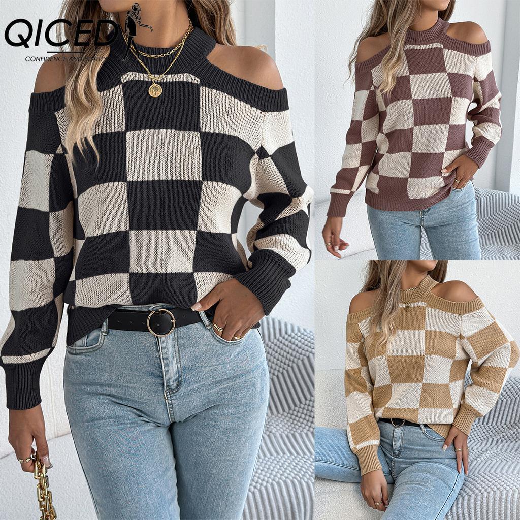 QICED Autumn and Winter Casual Off-the-shoulder, Color-blocking Checkered Lantern Long-sleeved Sweater Women's Wear