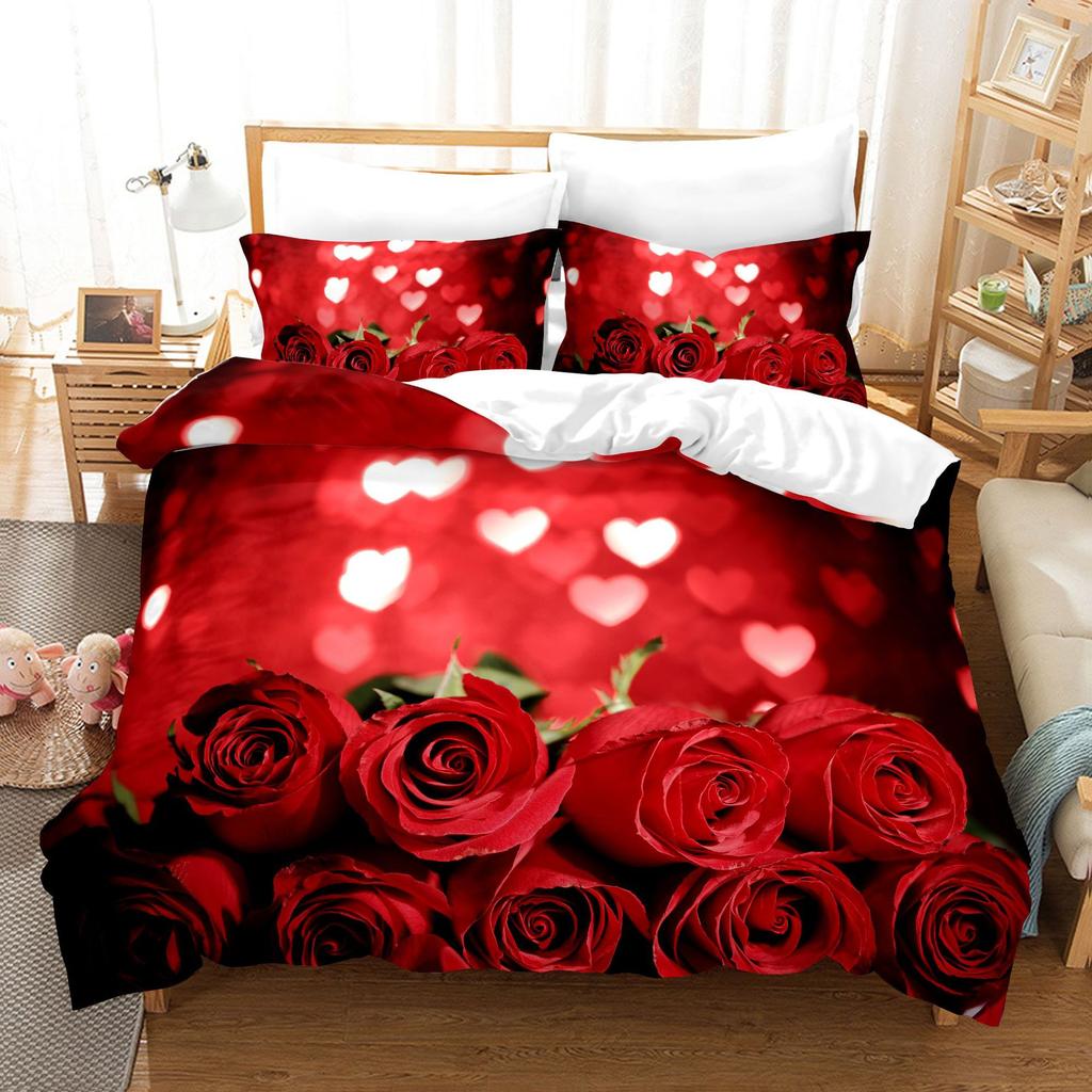3pcs Bedding Set Red Rose Flowers Print Duvet Cover Set Single Double King Size Bed Set for Adult Home Bedroom with Pillow Case