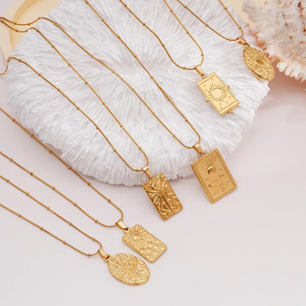 All Stainless Steel Gold Color Sun Moon Star Square Pendant Necklaces for Women Men Fashion Vintage Jewelry Gift for Friends