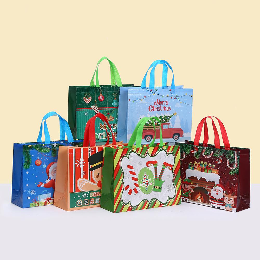 6/10pcs Holiday Non Woven Tote Bags Christmas Prints Reusable Gift Bags for Return Gifts Party Favor Packaging